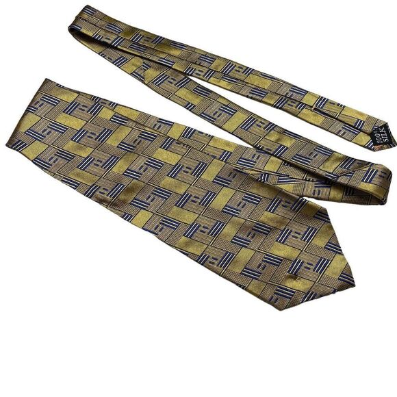 Oscar de la Renta Mens Necktie Tie Gold Blue Geometric Silk Couture Collection - Picture 7 of 8